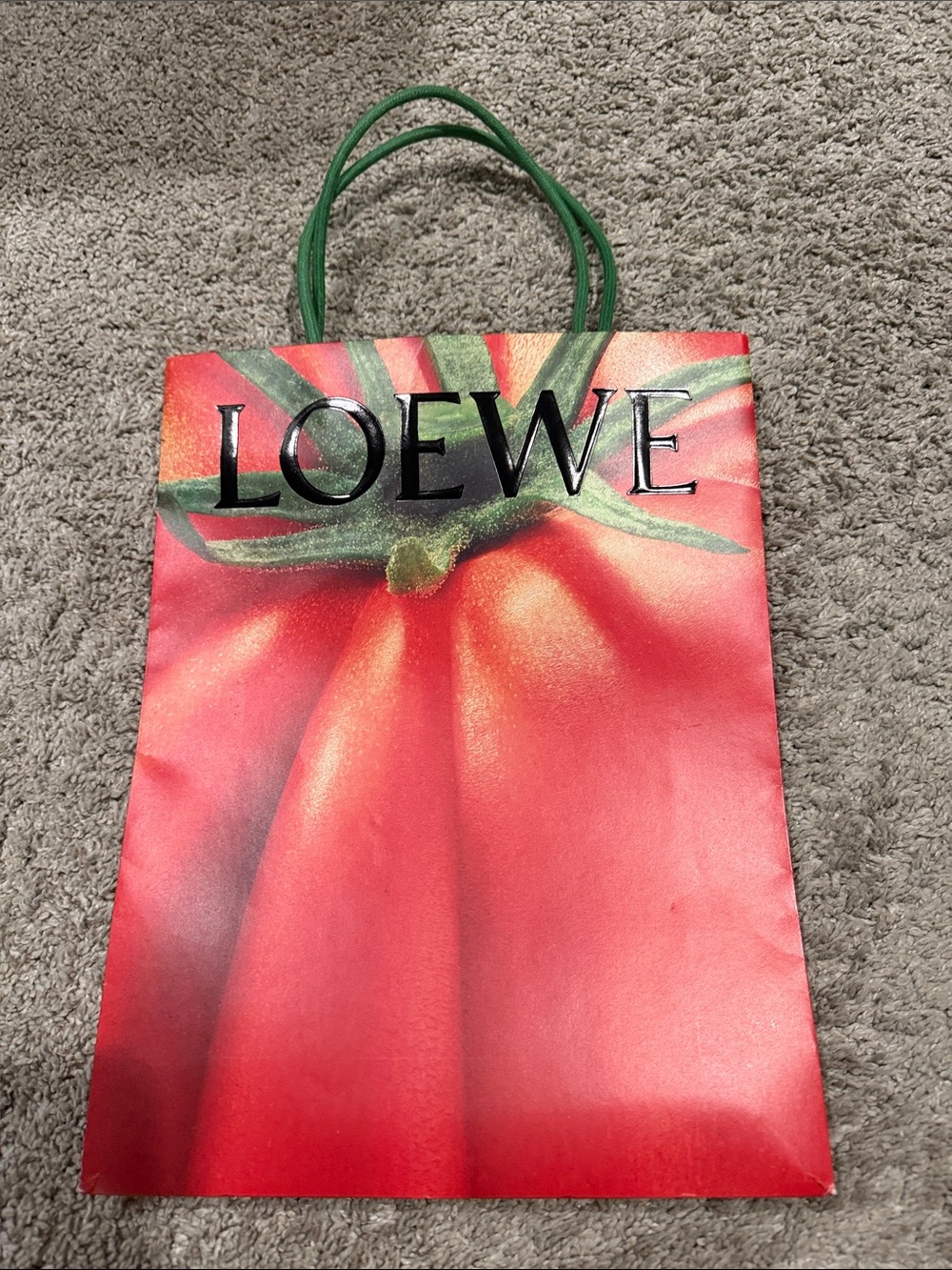 Loewe Red Tomato-Print Paper Tote with Green Handles